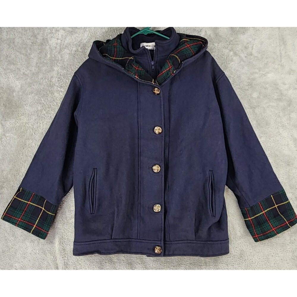 Herman Kay Jacket Womens Size 10 Blue Wool Blend Full Zip Button Hooded Overcoat